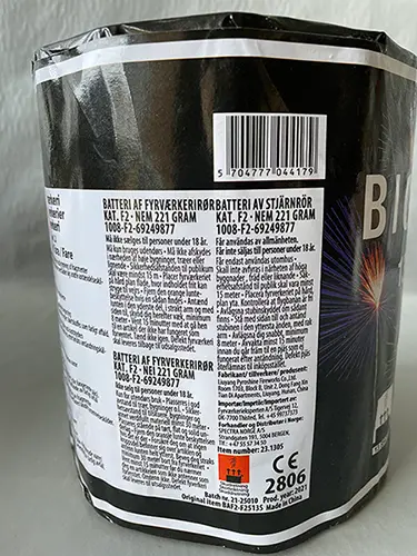 Photo from the official notice: Liyang Pyroshine Fireworks Co. Ltd. Big Bang 13 Shots — burns & fire risk
