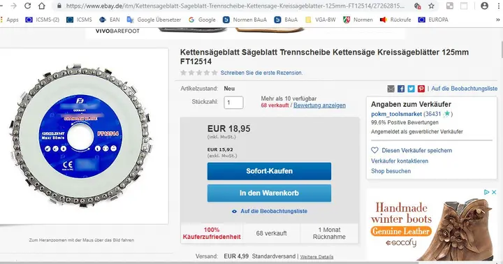 Photo de l’avis officiel: Kettensägeblatt 125 mm für Winkelschleifer beworben/FT12514 Lame de scie circulaire — risque: Coupures
