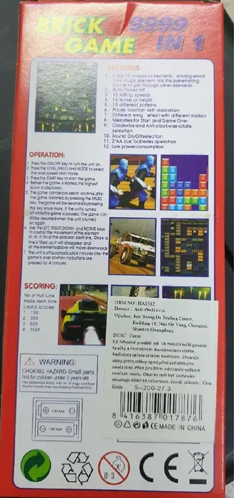 Foto dell’avviso ufficiale: Dětská hra Brick Game 9999 Giocattolo a batteria — rischio: Ambiente