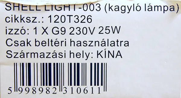 Foto do aviso oficial: kagyló lámpa / Shell Light Lâmpada de parede portátil — risco: Choque elétrico