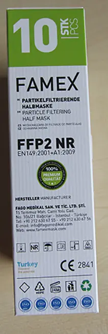 Foto uit de officiële melding: Famex FFP2 Famex - Modell Fago S 101 (nb 2841) Het masker van het deeltjefilter — risico: Gezondheidsrisico/overige