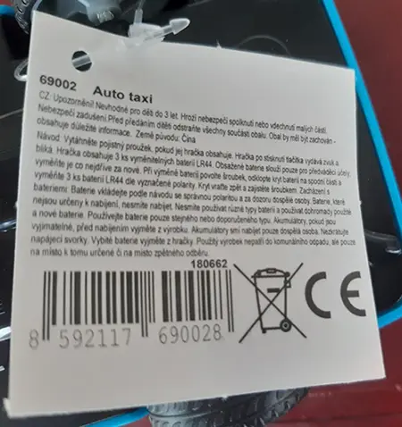 Foto dell’avviso ufficiale: Auto Taxi Giocattolo a batteria — rischio: Ambiente