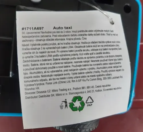 Foto dell’avviso ufficiale: Auto Taxi Giocattolo a batteria — rischio: Ambiente