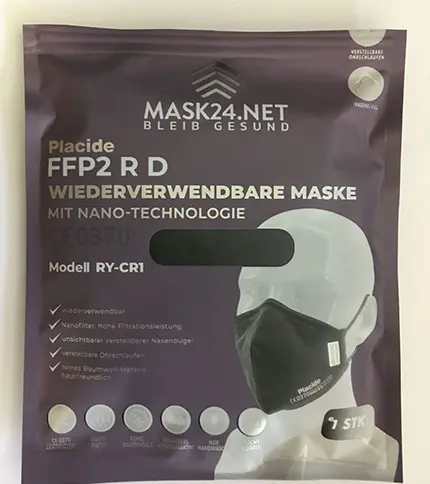 Photo from the official notice: Placide FFP2 R D Wiederverwendbare Maske mit Nano-Technologie particle filter mask — health risk