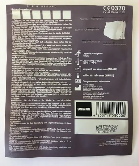 Photo from the official notice: Placide FFP2 R D Wiederverwendbare Maske mit Nano-Technologie particle filter mask — health risk
