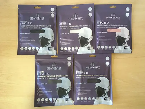 Photo from the official notice: Placide FFP2 R D Wiederverwendbare Maske mit Nano-Technologie particle filter mask — health risk