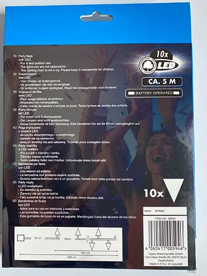 Photo de l’avis officiel: Topeq Party Flags 10 x LED Chaîne d’éclairage LED — risque: Risque chimique & Environnement