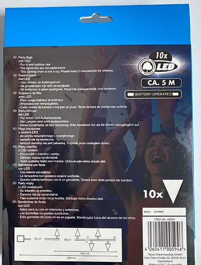 Photo de l’avis officiel: Topeq Party Flags 10 x LED Chaîne d’éclairage LED — risque: Risque chimique & Environnement