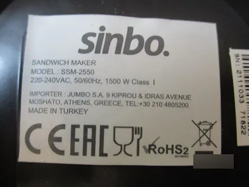Foto do aviso oficial: SINBO Toaster Máquina de sandes — risco: Queimaduras & Choque elétrico