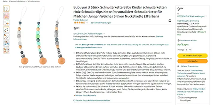 Foto aus der offiziellen Meldung: Bubuyun Schnullerhalter — Risiko: Ersticken