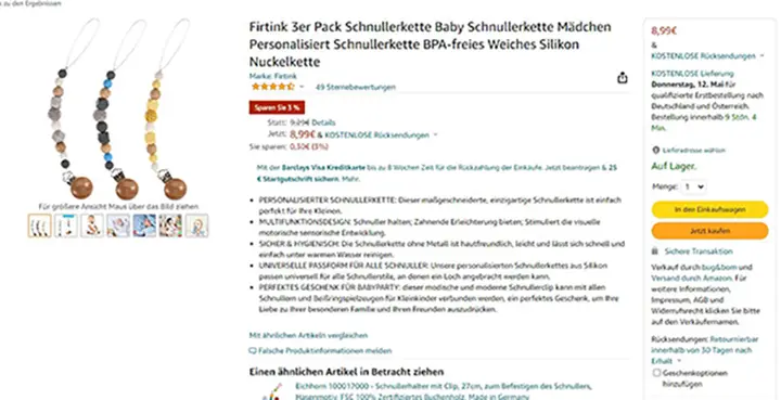 Foto aus der offiziellen Meldung: Firtink Schnullerhalter — Risiko: Ersticken