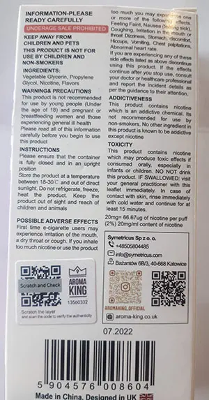 Photo de l’avis officiel: Aroma King Aroma King AK5500 Cigarette électronique jetable — risque: Risque chimique