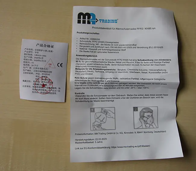 Foto aus der offiziellen Meldung: MA Trading Disposable Protection Mask Partikelfiltermaske — Risiko: Gesundheitsrisiken/Sonstige