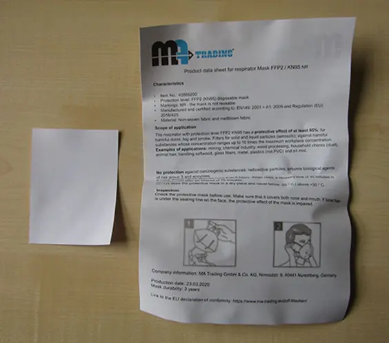 Foto aus der offiziellen Meldung: MA Trading Disposable Protection Mask Partikelfiltermaske — Risiko: Gesundheitsrisiken/Sonstige