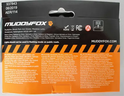 Foto uit de officiële melding: MUDDYFOX LED 100 silver Fiets lichtset — risico: Milieu