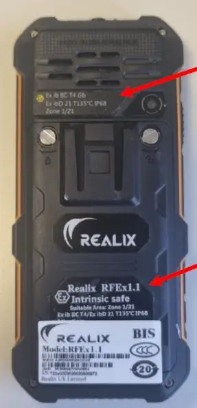 Photo from the official notice: Realix mobile phone for explosive atmospheres — burns & injuries risk