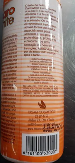Photo de l’avis officiel: Dream Cosmetics Caro White Lotion pour la peau — risque: Risque chimique