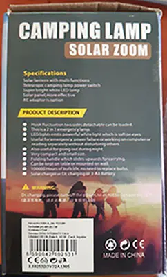 Foto do aviso oficial: CAMPING LAMP SOLAR ZOOM Lâmpada de acampamento — risco: Choque elétrico