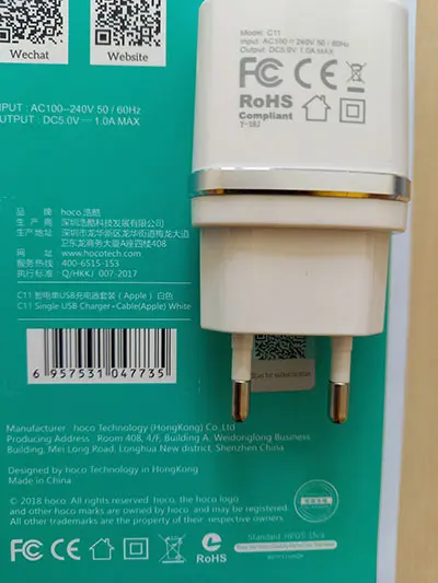 Foto do aviso oficial: hoco. Smart USB charger Carregador USB — risco: Choque elétrico (A12/01491/22)