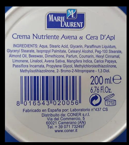 Foto del aviso oficial: MARIE LAURENT ML Crema Viso NUTRIENTE Avena &amp; Cera D'Api Crema del cuerpo — riesgo: Riesgos químicos