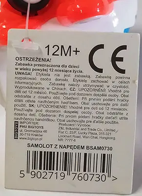 Foto do aviso oficial: BIGTOYS Samolot z napedem Brinquedo de plástico — risco: Engasgamento