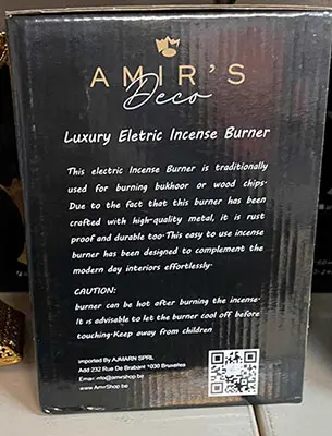 Photo from the official notice: AMIR'S DECO Luxury Electric Incense Burner — electric shock & fire risk