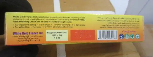 Foto do aviso oficial: White Gold whitening cream with papaya extract Creme de clareamento da pele. — risco: Químico