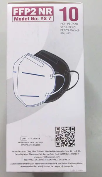 Foto aus der offiziellen Meldung: Oley OLEY FFP2 NR Partikelfiltermaske — Risiko: The filter penetration of the respiratory mask clearly exceeds the permissible 6%.