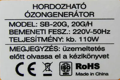 Photo from the official notice: OZON Specialista HORDOZHATÓ ÓZONGENERÁTOR portable ozone generator — electric shock risk