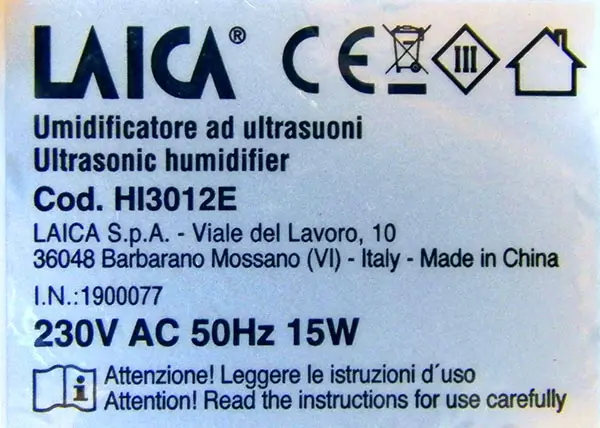 Photo from the official notice: Laica Umidificatore ad ultrasuoni / Ultrasonic humidifier air humidifier — microbiological risk