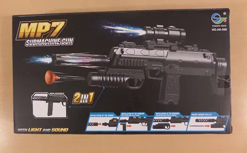Foto do aviso oficial: FENGFA MP7 submachine gun Conjunto de pistola de brinquedo — risco: Engasgamento & Lesões auditivas