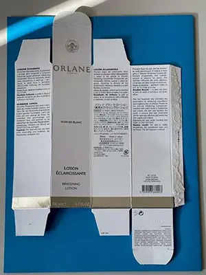 Foto aus der offiziellen Meldung: Orlane Soin de blanc lotion eclaircissante Hautaufhellende Lotion — Risiko: Chemikalie