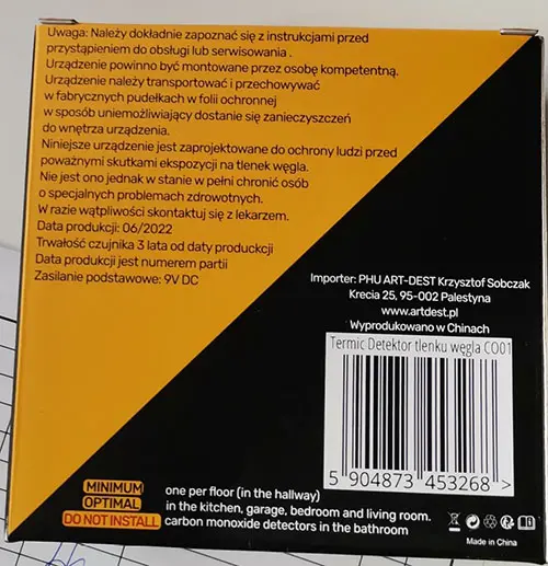 Photo from the official notice: Termic Carbon monoxide detector — suffocation risk