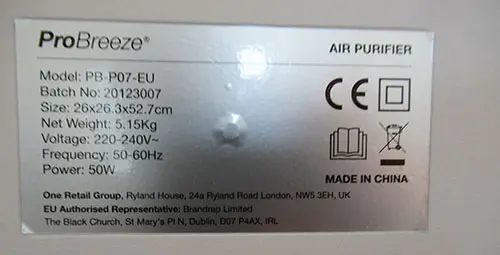 Foto do aviso oficial: ProBreeze Purificador de ar — risco: Choque elétrico