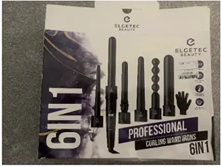 Foto dell’avviso ufficiale: Elehot, Elgetec Beauty Professional Curling Wand Irons 6-in-1 Ferri da arricciatura — rischio: Scossa elettrica