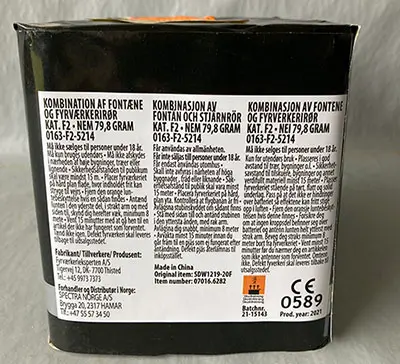 Photo from the official notice: Fyrværkerieksperten a/s Familie 8 fireworks — burns risk