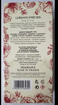 Foto aus der offiziellen Meldung: GORDANO PARFUMS GORDANO PARFUMS GOCCI BEAUTY Eau de toilette — Risiko: Chemikalie