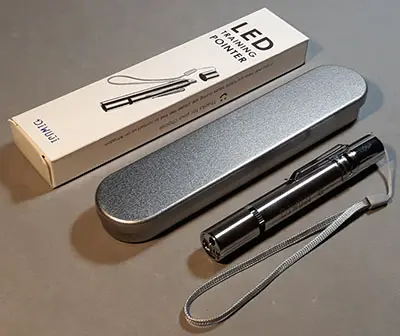 Photo from the official notice: DIWUJI LED TRAINING POINTER;/ "Cat Toys LED Pointer, U…at Dog Chaser, Idea Gift" (on the packaging) laser poin — damage to sight risk