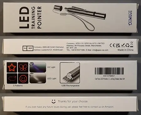 Photo from the official notice: DIWUJI LED TRAINING POINTER;/ "Cat Toys LED Pointer, U…at Dog Chaser, Idea Gift" (on the packaging) laser poin — damage to sight risk