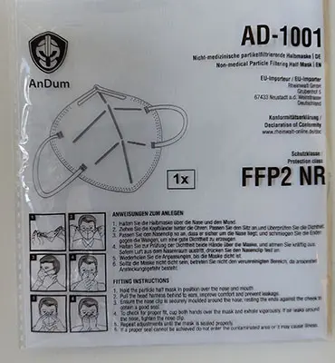 Foto aus der offiziellen Meldung: AnDum Particle Filtering Half Masks Partikelfiltermaske — Risiko: Gesundheitsrisiken/Sonstige