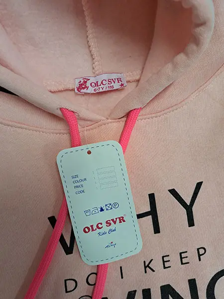 Photo from the official notice: OLC SVR Kids Club children's sweatshirt — injuries & strangulation risk