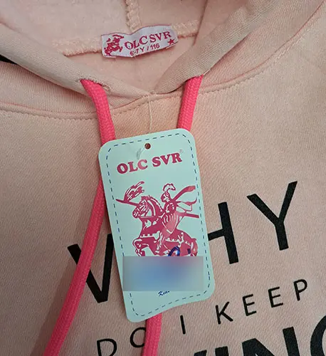 Photo from the official notice: OLC SVR Kids Club children's sweatshirt — injuries & strangulation risk