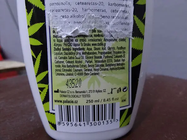 Foto aus der offiziellen Meldung: PALACIO Herbal Therapy Cannabis Body milk Körperlotion — Risiko: Chemikalie