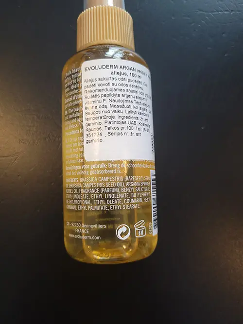 Photo de l’avis officiel: Evoluderm Argan face body hair oil Huile cosmétique — risque: Risque chimique