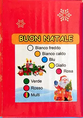 Photo from the official notice: BUON NATALE 100L lighting chain — burns & electric shock risk