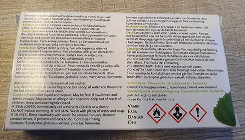 Foto aus der offiziellen Meldung: Emendo Saunatuoksu aito eteerinen öljy Ätherisches Öl — Risiko: Chemikalie & Gesundheitsrisiken/Sonstige