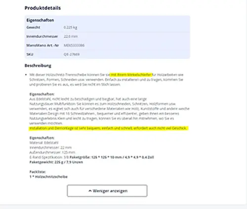 Foto aus der offiziellen Meldung: Kreissägeblatt — Risiko: Schnittwunden (A12/00405/23)