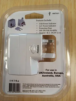 Foto aus der offiziellen Meldung: homesafe Homesafe Universal USB Travel Adaptor Reiseadapter — Risiko: Elektrischer Schlag