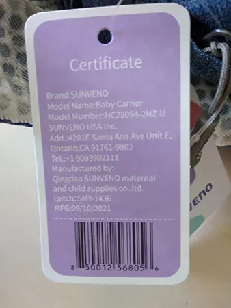 Photo de l’avis officiel: sunveno Porte-bébé — risque: Blessures