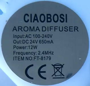 Photo de l’avis officiel: CiaoBosi DIFFUSORE DI AROMI Diffuseur d’arômes — risque: Choc électrique & Risque microbiologique